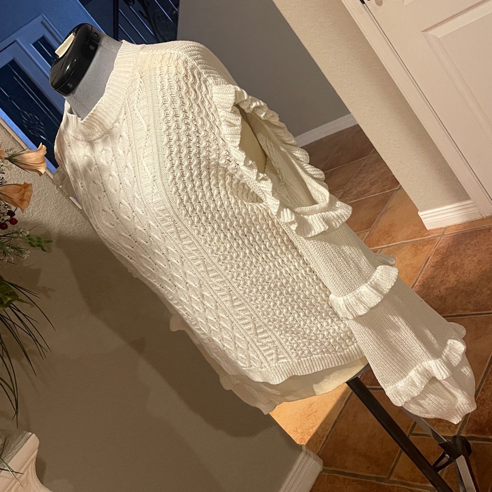 Express Ivory Ruffled Knit Sweater - Picture 2 of 5